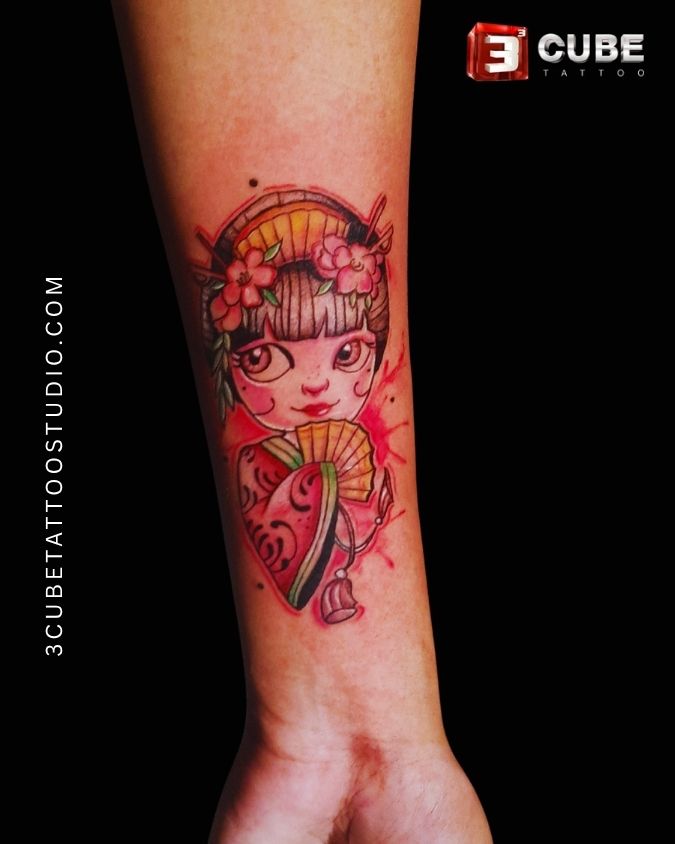 Beautiful and colorful Geisha tattoo done by expert tattoo artist at 3Cube Tattoo Studio Kolkata.